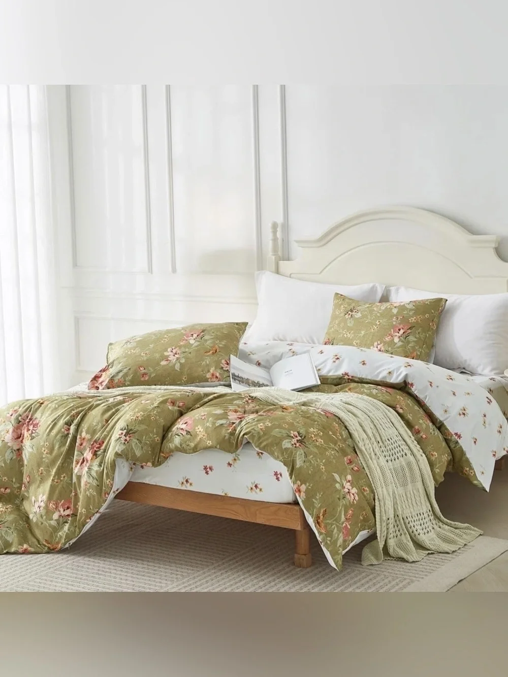 NEW Anthro Green Boho Queen / King Size Reversible Floral Bedding Duvet Sham Set